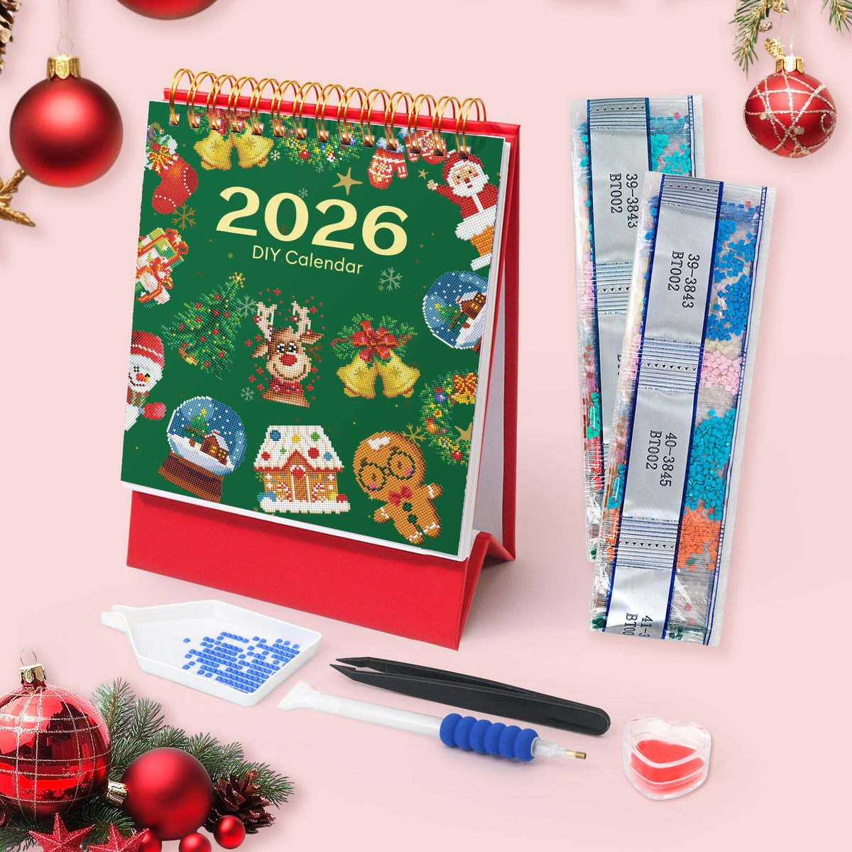 Diamond Painting Kalender 2026, Diamond Painting Kerst, Diamanten Schilderkalender om Neer te Zetten, DIY Kerst Bureaukalender, 12 Maanden Kalender