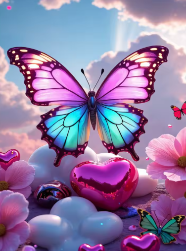 Diamond Painting -Blauw Roze Vlinder met Hartjes
