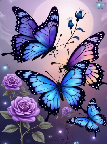 Diamond Painting - Blauwe Vlinders met Paarse Rozen