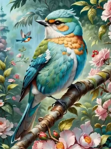 Diamond Painting - Blauwe Vogel tussen de Bloemen