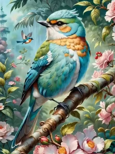 Diamond Painting - Blauwe Vogel tussen de Bloemen