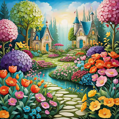 Diamond Painting - Bloementuin met Huizen