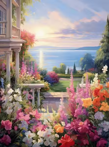 Diamond Painting - Bloementuin met Zee Uitzicht