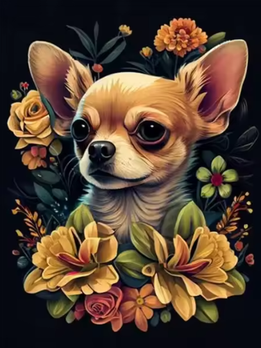 Diamond Painting - Chihuahua tussen Gele Bloemen