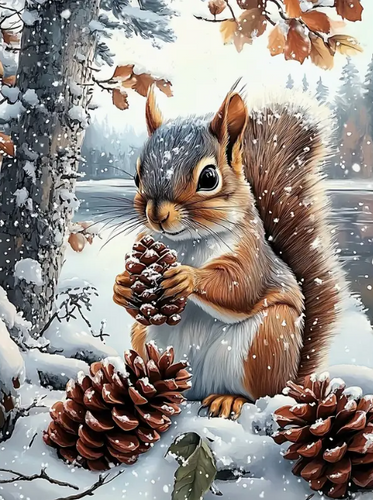 Diamond Painting - Eekhoorn met Dennenappels