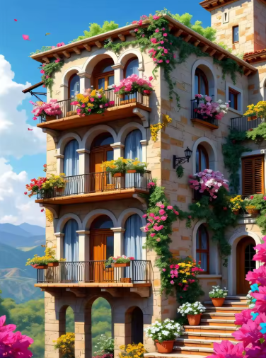 Diamond Painting - Gebouw met Bloemen