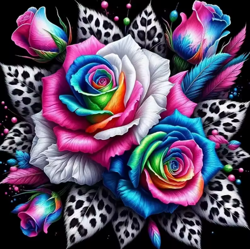Diamond Painting - Gekleurde Rozen met Bladeren