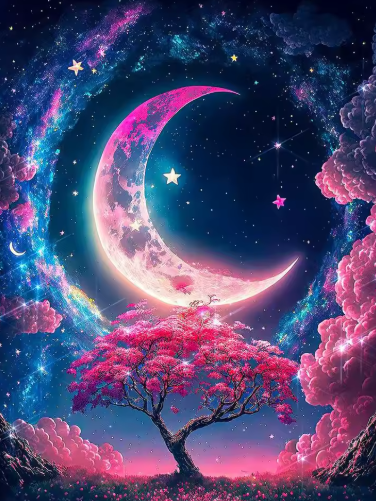 Diamond Painting - Grote Maan met Roze Boom