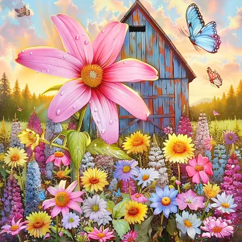 Diamond Painting - Grote Roze Bloem met Bloemen