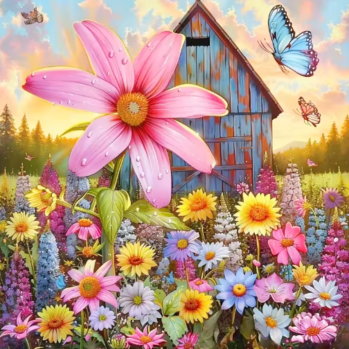 Diamond Painting - Grote Roze Bloem met Bloemen