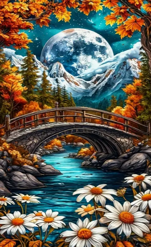 Diamond Painting - Herfstbrug bij Maanlicht