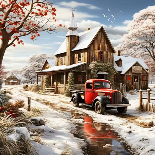Diamond Painting - Houten Huis in de Sneeuw