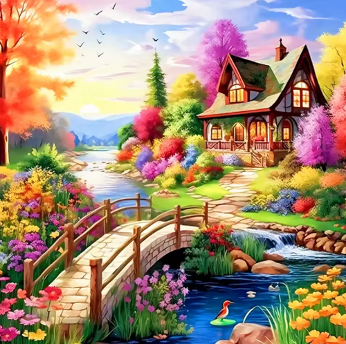 Diamond Painting - Huis met Brug in de Natuur