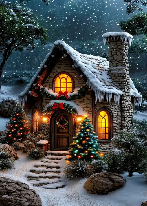 Diamond Painting - Huis met Kerstbomen in de Sneeuw