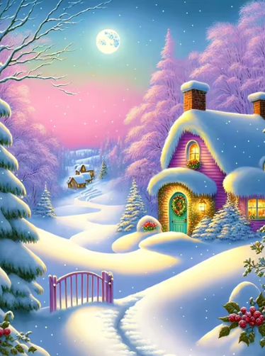 Diamond Painting - Huizen in een Sneeuwlandschap