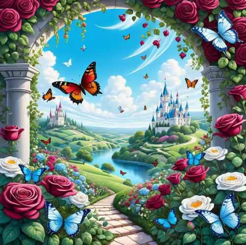 Diamond Painting - Kastelen met Rozen en Vlinders