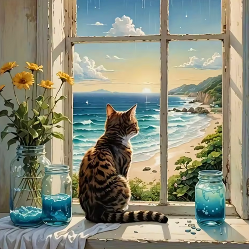 Diamond Painting - Kat uitkijkend over de Zee