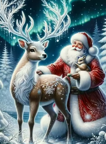 Diamond Painting - Kerstman met Rendier in het Noorderlicht