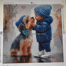 Afbeelding in Gallery-weergave laden, Diamond Painting - Kind met Hond in de Regen - voorbeeld
