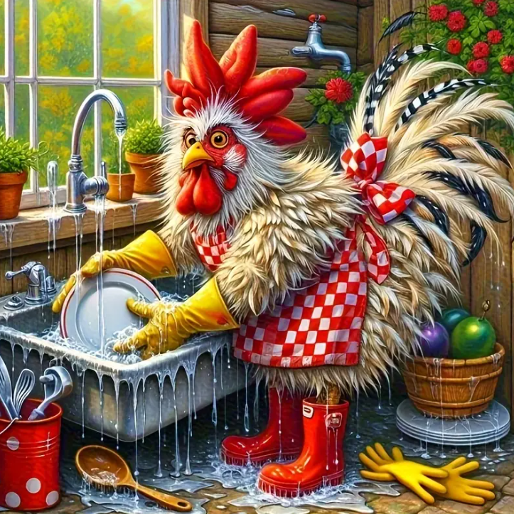Diamond Painting - Kip aan het Afwassen