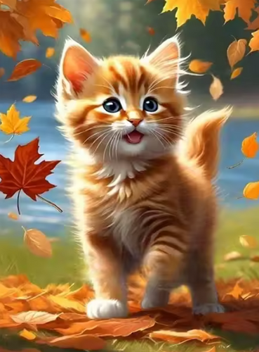 Diamond Painting - Kitten met Herfstbladeren
