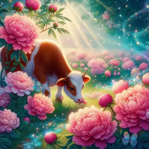 Diamond Painting - Koe tussen de Pioenrozen