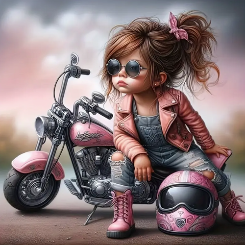Diamond Painting - Meisje op Roze Motor