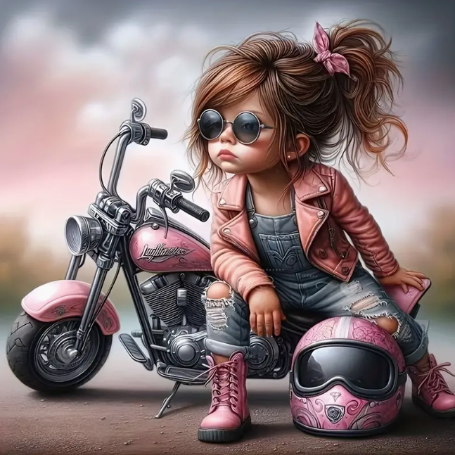 Diamond Painting - Meisje op Roze Motor