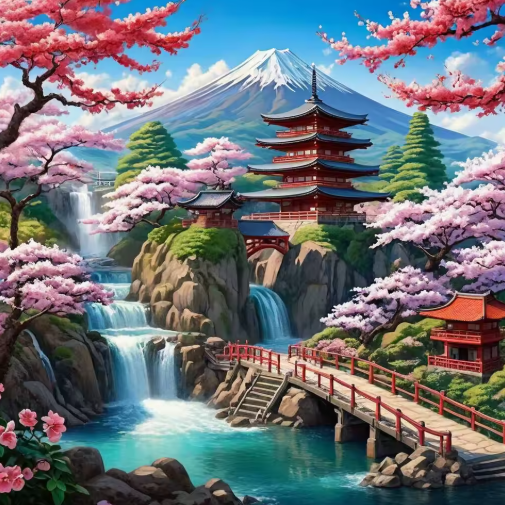 Diamond Painting - Mount Fuji met Kersenbloesems