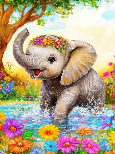 Diamond Painting - Olifant met Bloemenkrans
