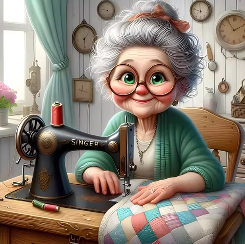 Diamond Painting - Oma met een Naaimachine