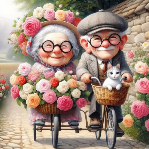 Diamond Painting - Opa en Oma aan het Fietsen