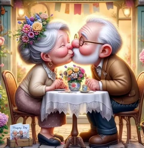 Diamond Painting - Opa en Oma kussend aan Tafel