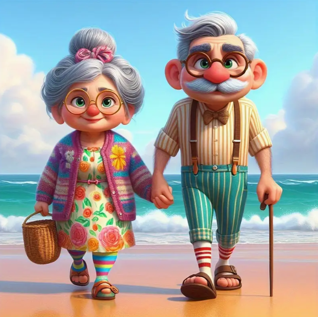 Diamond Painting - Opa en Oma lopend op het Strand