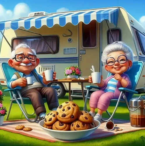 Diamond Painting - Opa en Oma voor de Caravan
