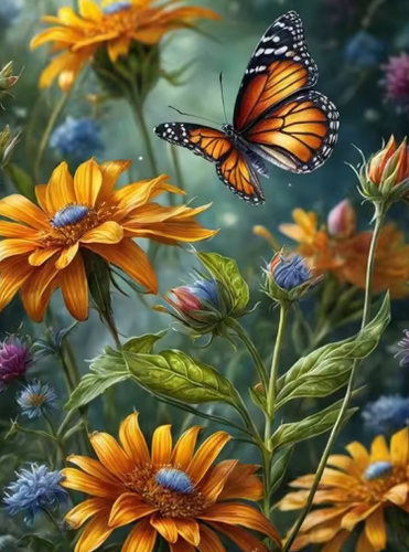 Diamond Painting - Oranje Vlinder met Oranje Bloemen