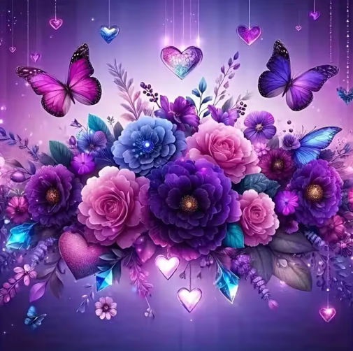 Diamond Painting - Paarse Bloemen en Vlinders