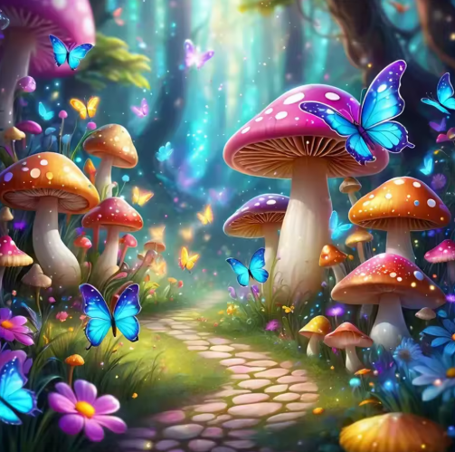 Diamond Painting - Paddenstoelen met Blauwe Vlinders