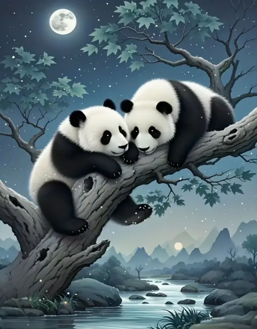 Diamond Painting - Panda's in de Nacht