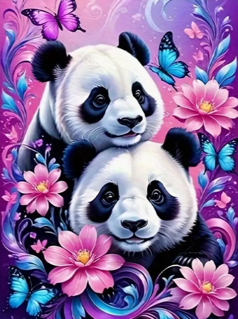 Diamond Painting - Panda's met Bloemen
