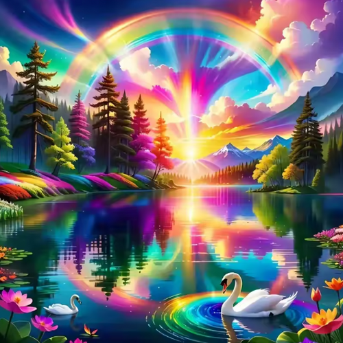 Diamond Painting - Regenboog met Zwanen