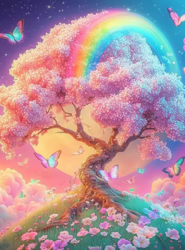 Diamond Painting - Roze Boom met Regenboog