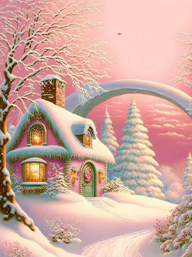 Diamond Painting - Roze Huis in een Sneeuwlandschap