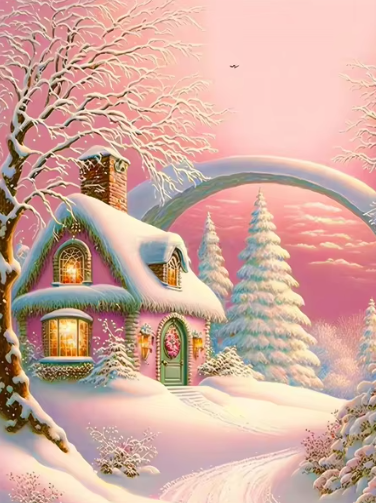 Diamond Painting - Roze Huis in een Sneeuwlandschap