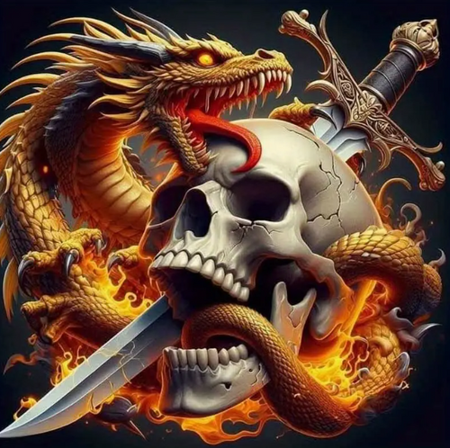 Diamond Painting - Skull met Oranje Draak