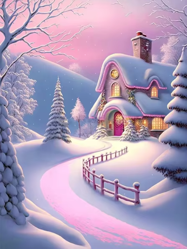 Diamond Painting - Sneeuwlandschap met Roze Lucht