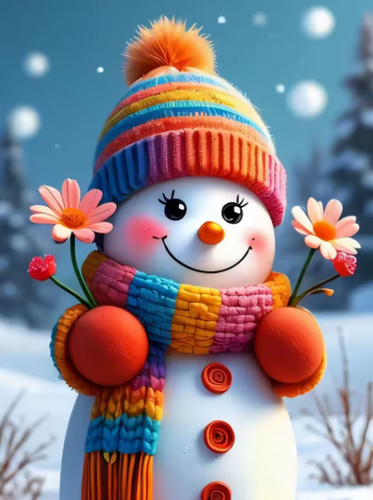 Diamond Painting - Sneeuwpop met Bloemen