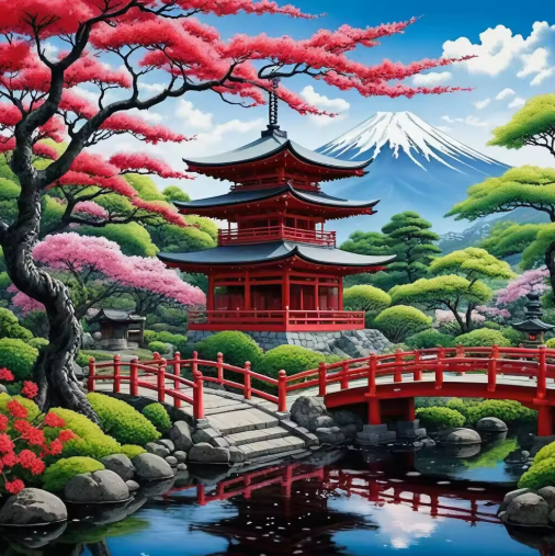 Diamond Painting - Tempel met Mount Fuji