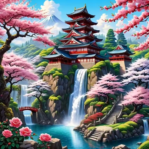 Diamond Painting - Tempel met een Waterval