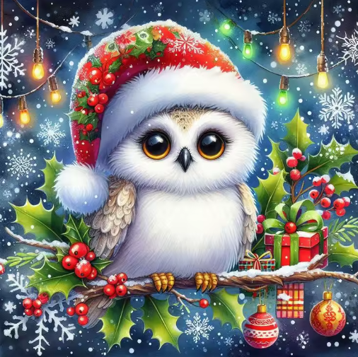 Diamond Painting - Uil met Kerstmuts